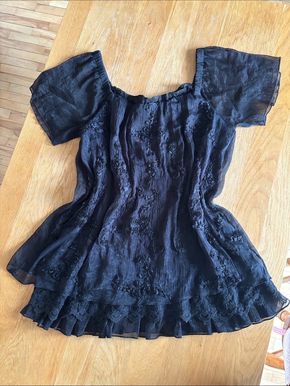 Black Floral Embroidered Short Sleeve Women's babydoll dress